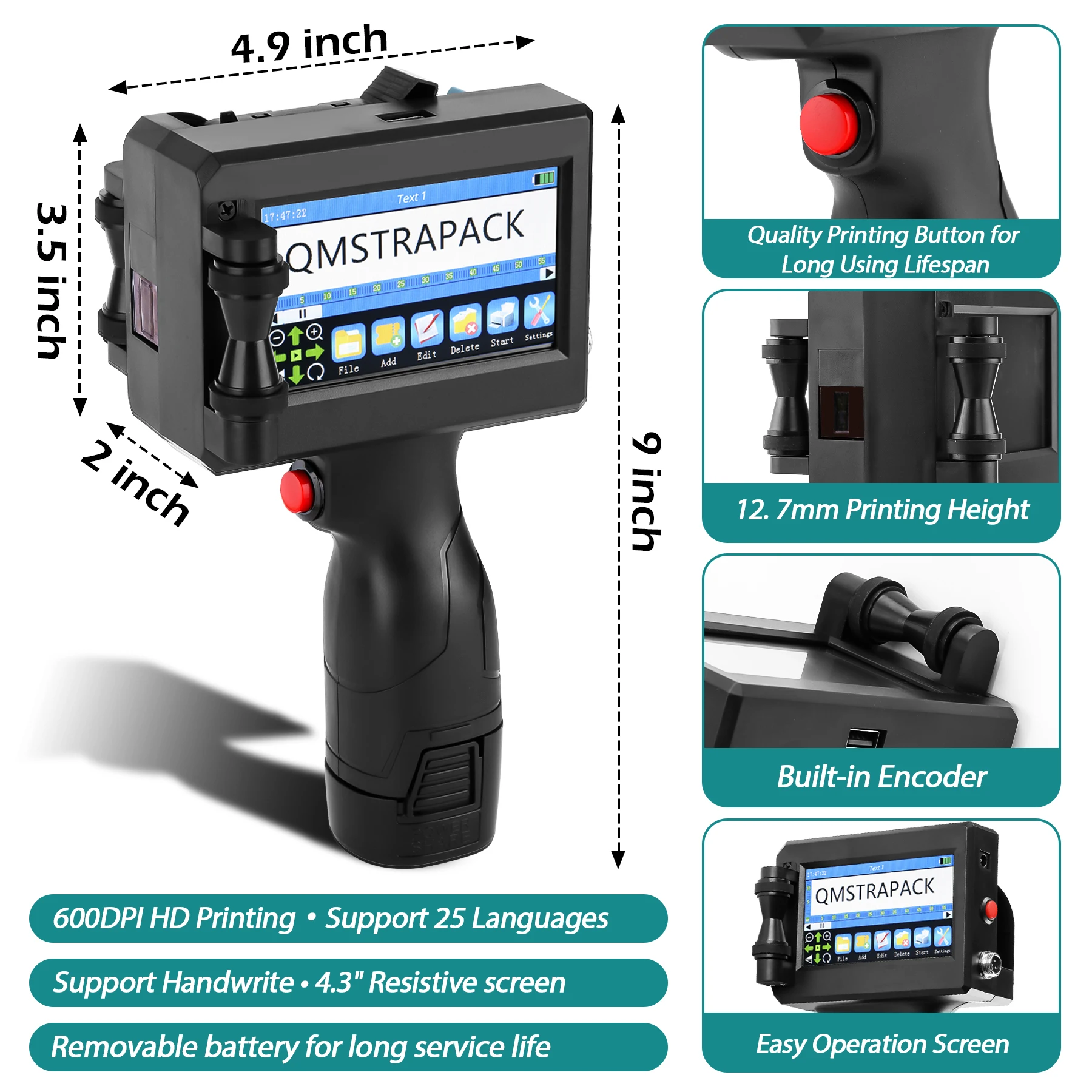 Portable 12.7mm Handheld Inkjet Printer for Text QR Barcode Batch Number Logo Expiry Date Label Coding Machine Non-encrypted