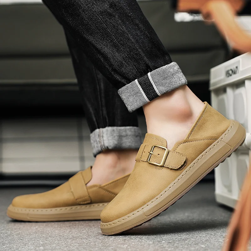 Careaymade-Genuine Leather wide version Men's shoes,Slip-On Casual Shoes Breathable Shoes Fashio thick sole Versatile man shoes