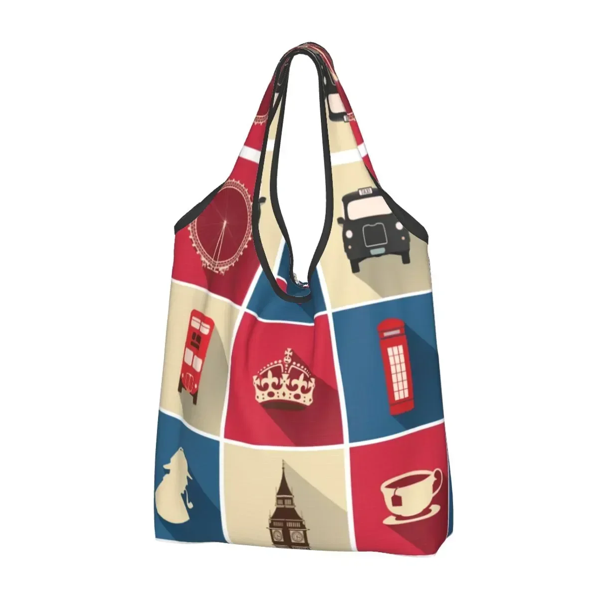 Fashion Vintage UK London Symbol Shopping Tote Bag Portable British Flag Red Bus Groceries Shopper Shoulder