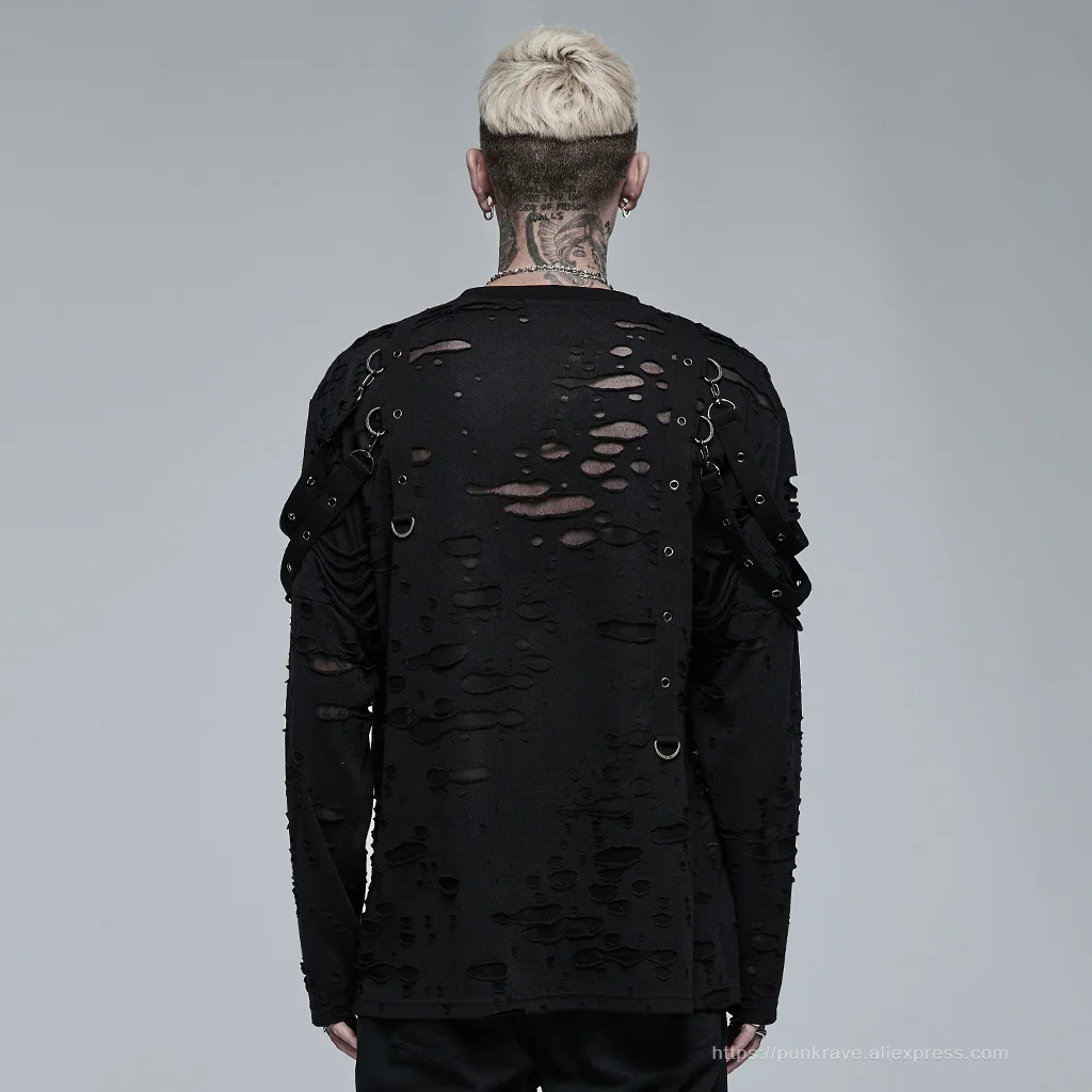 PUNK RAVE Men's Gothic Daily Wear Knited Broken Holes Long