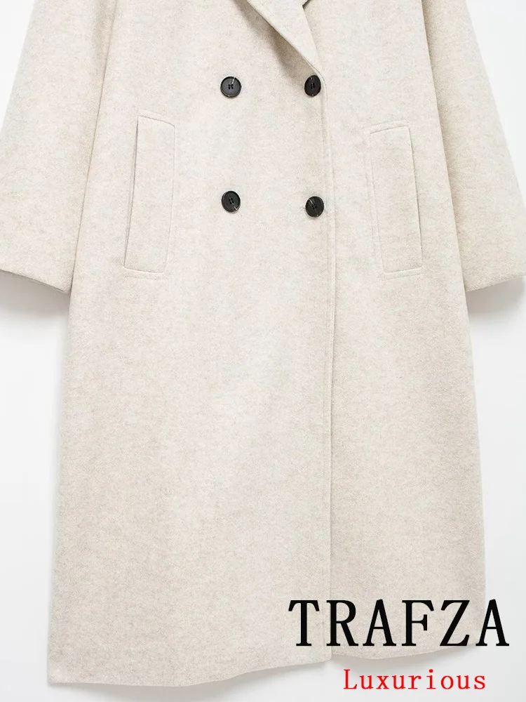 TRAFZA Vintage Chic Solid Women Overcoat Double Breasted Turn-down Collar Oversized Long Jackets Fashion 2024 Autumn Winter Coat