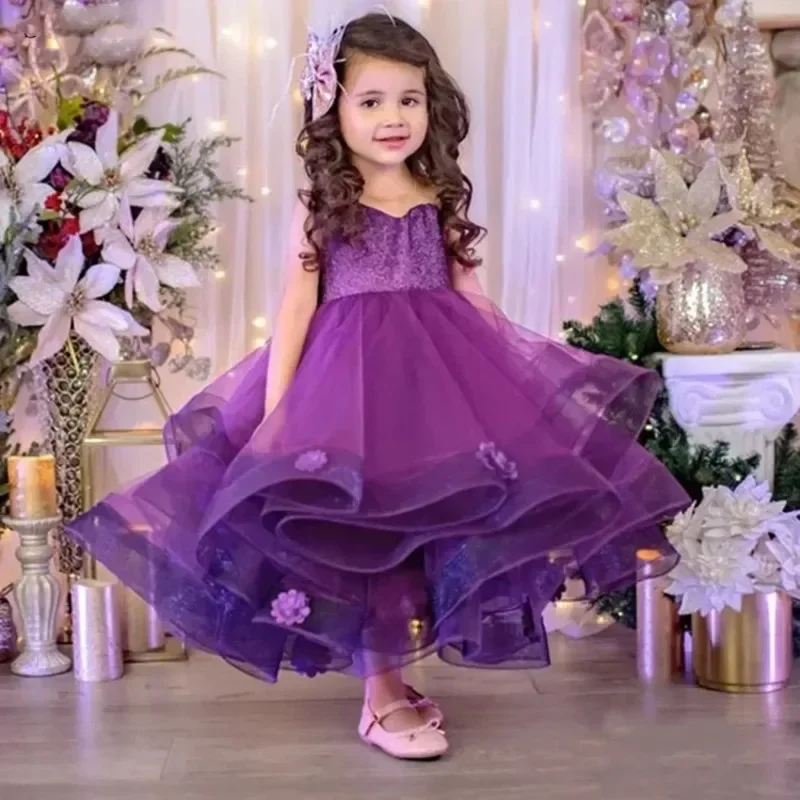 Cute Purple Flower Girl Dress Sleeveless Applique Bow Princess Baby Girl Wedding Princess Birthday Party First Communion Gown