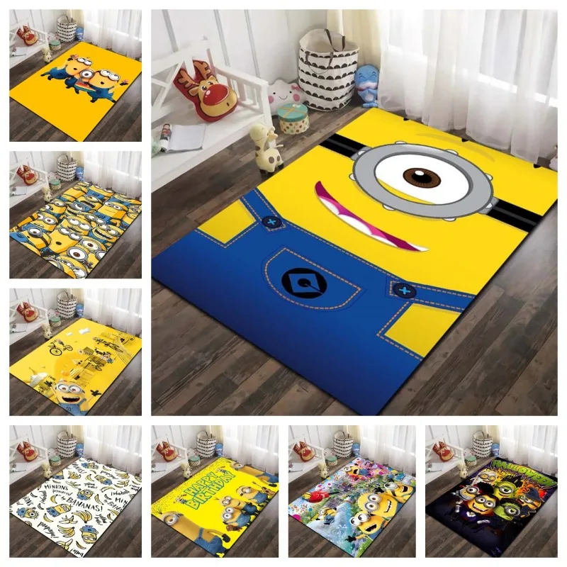 Minions Cartoon Printed Flannel Area Rug Non Slip Washable Floor Mat Kids Bedroom Living Room Sofa Decor Indoor Entrance Gift