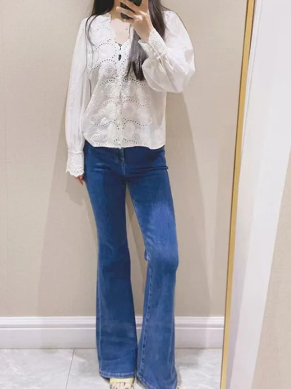 

High-Quali Women's Long Sve V-Ne Embroidered irt Spring Summer Heavy Work 3D Bubble Sve Versatile Faion Top