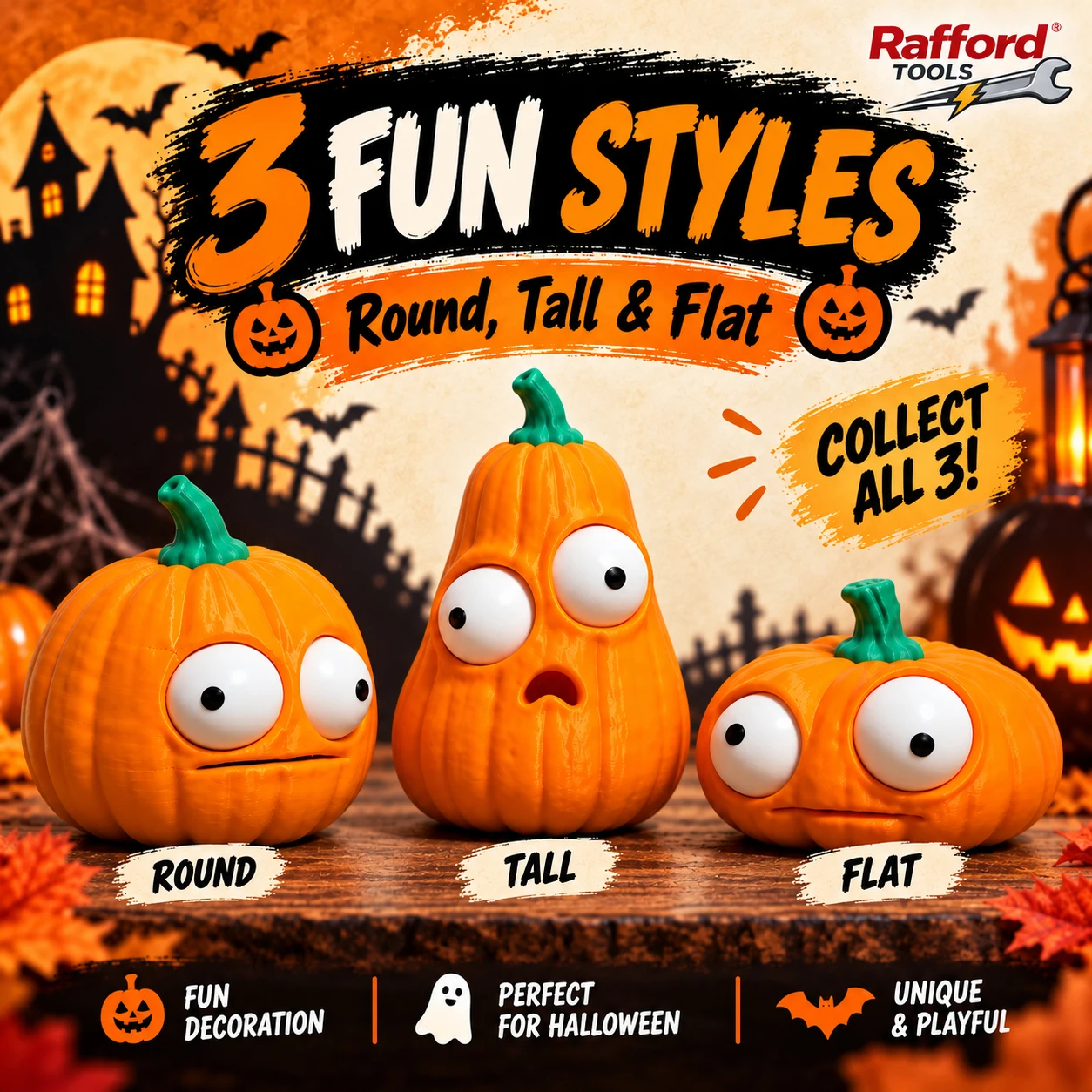 Rafford 3PCS Funny Halloween Pumpkin Figurines with Moveable Eyes Cute Goofy Pumpkin Decorations for Desk Shelf Party Home Decor