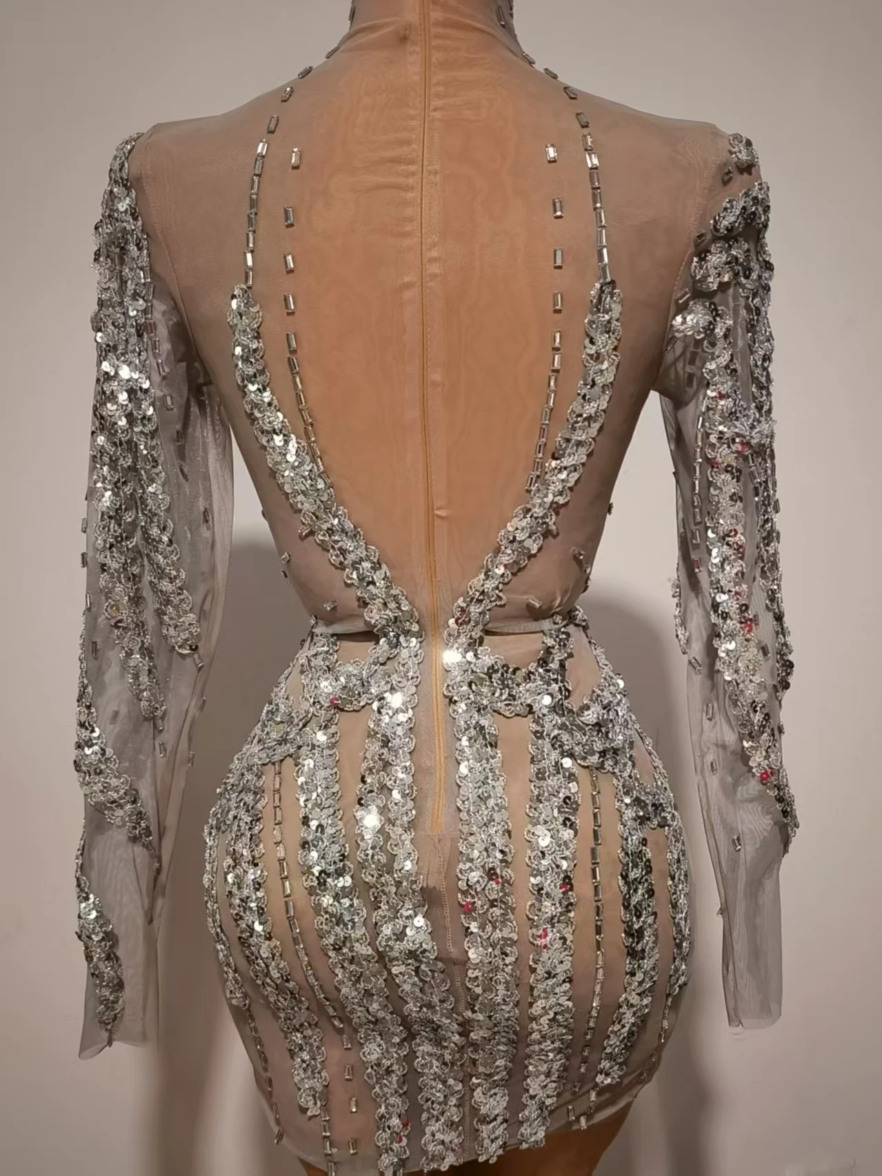 مثير المرأة نادي عرض الفضة الترتر شبكة فساتين صغيرة ضمادة فستان أزعج ليلة حفلة الزي سحب الملكة أداء ارتداء Feixiang