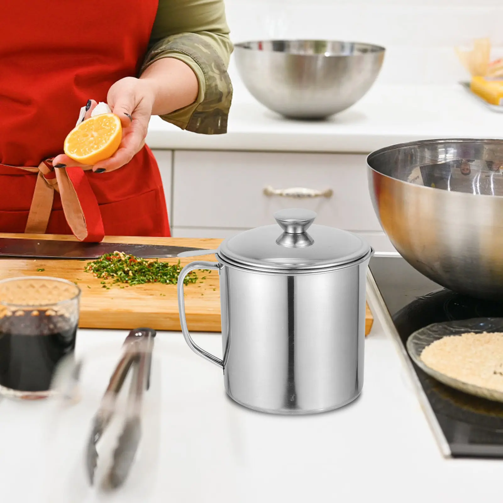 Premium Stainless Steel Grease Filter Pot with Built-in Strainer Oil Separating Container for Healthy Cooking Oil Reuse Kitchen
