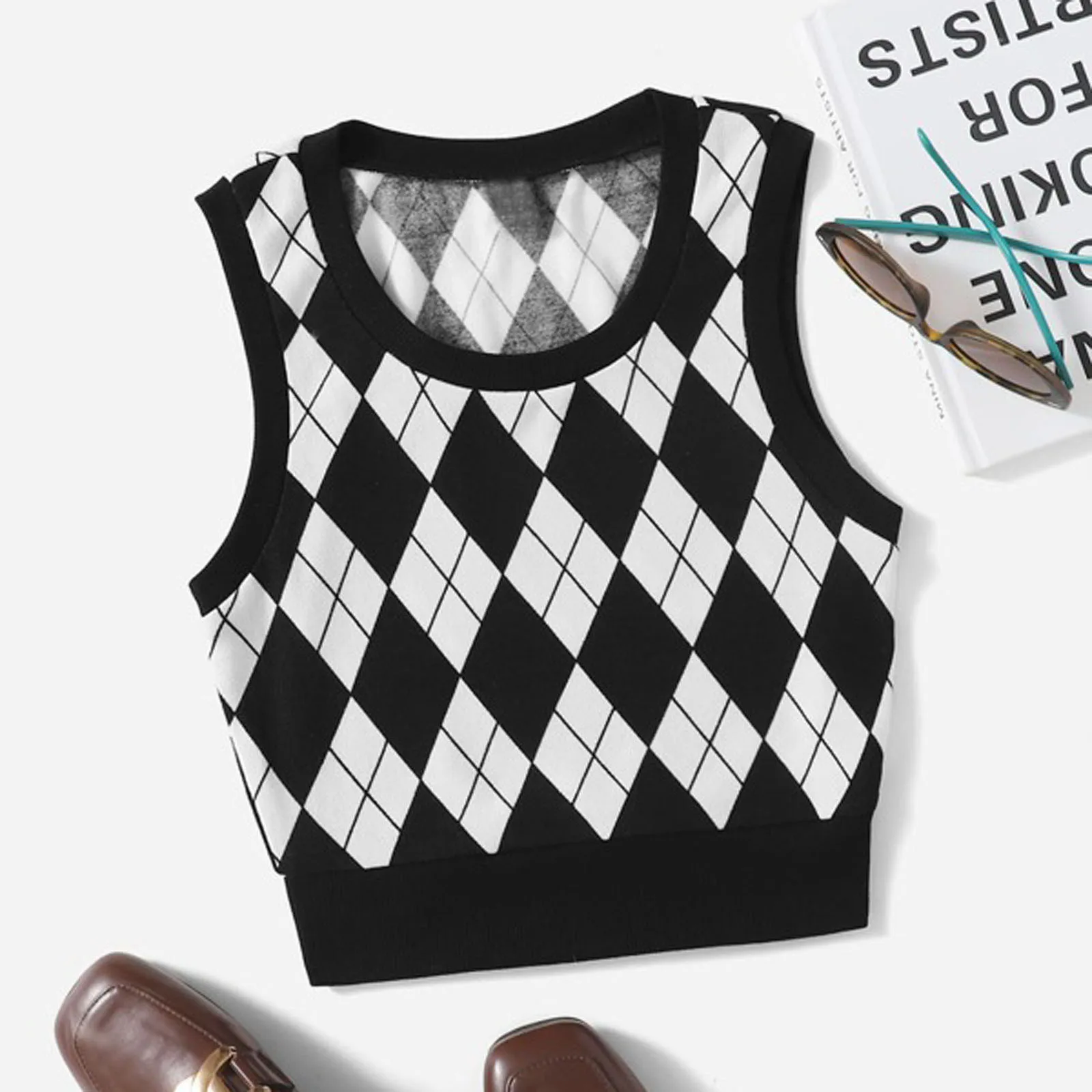 Vintage Knitted Women Sweater Vest American Y2K Aesthetic Sweet Cute 90s Slim Crop Waistcoat 2024 New Plaid Sleeveless Knitwears