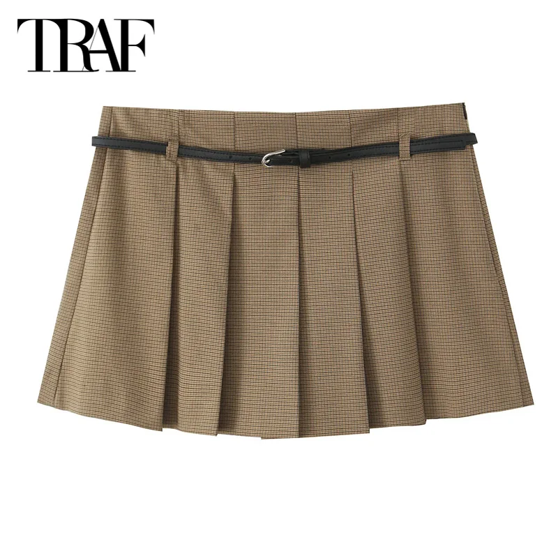 TRAF Mini Skirts 2024 Summer Women\'s Elegant Pleated Belt Skirt Shorts Ladies Fashion Casual  Grey Brown Short Skirt Pants