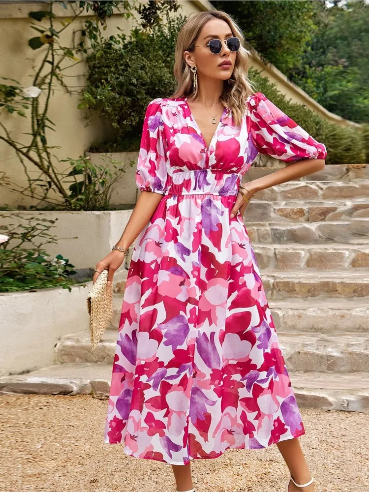 

Women Summer Bohemian Long Dresses 2025 Floral Print Holiday Chiffon V Neck Short Sleeve Midi Dress Elastic Waist Beach Vestidos