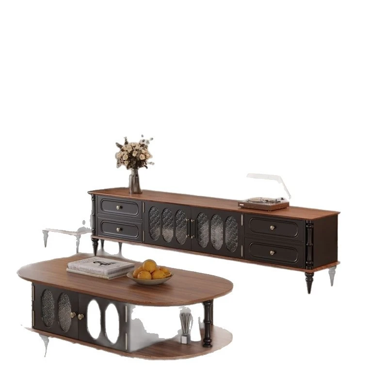 

French TV cabinet coffee table combination living room home with outriggers storage locker American retro solid wood TV cabinet