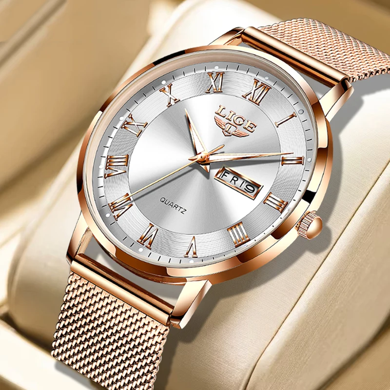 LIGE Women's Quartz Watches Simple Elegant Rose Gold Bracelet Watch For Women Waterproof Luminous Ladies Wristwatch Clock Gift