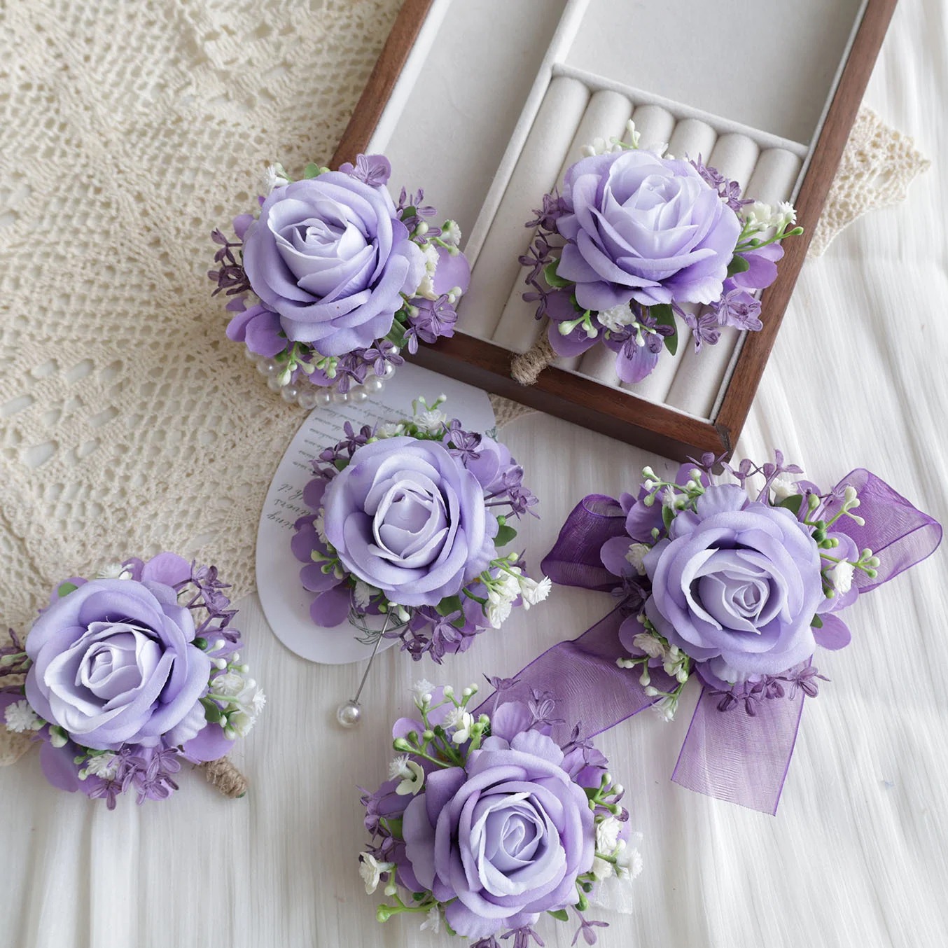 

H0037 Purple Rose Wrist Corsage Wristlet Band Bracelet and Men Boutonniere for Wedding Artificial Flower Prom Decorations