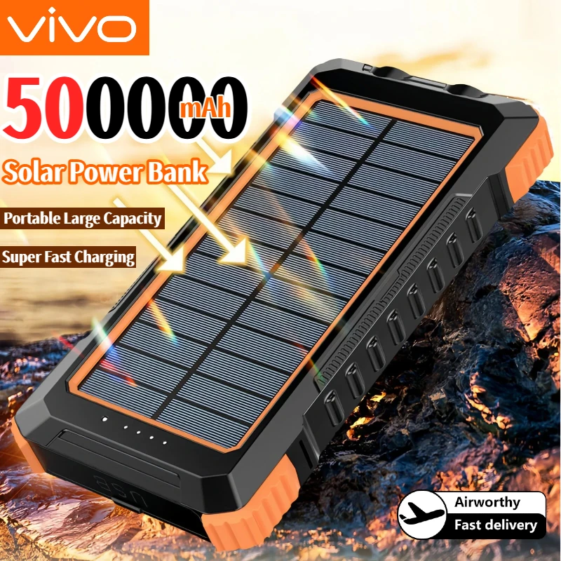 VIVO 500000mAh Solar Power Bank Caricatore portatile di grande capacità compatibile USB-A e USB-C con torcia elettrica per iPhone Huawei