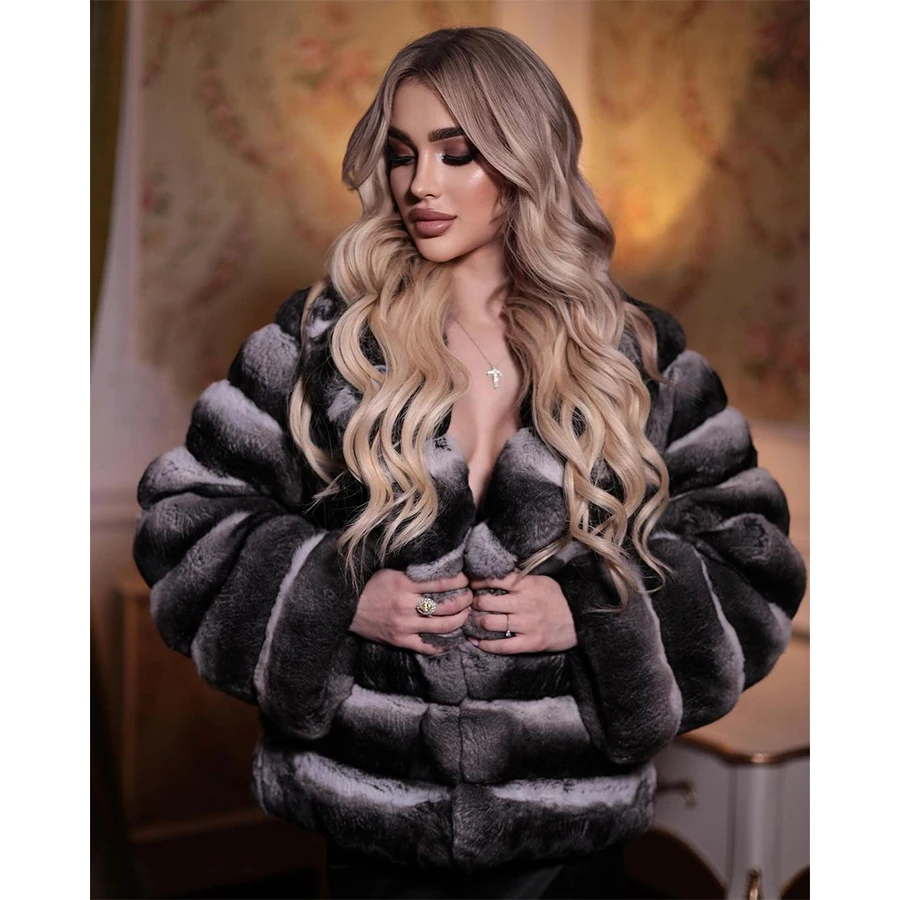 Womens Fur Jacket With Real Rabbit Fur Collar Genuine Fur Short Coat Luxury Winter Jacket For Women