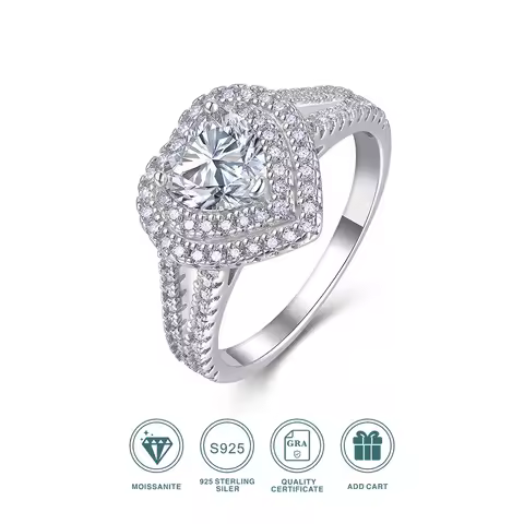 JIUZUAN 6.5mm Heart Moissanite Ring 925 Silver 18K Gold Plated Full Pave Jewelry Gift Comes with GRA Certificate