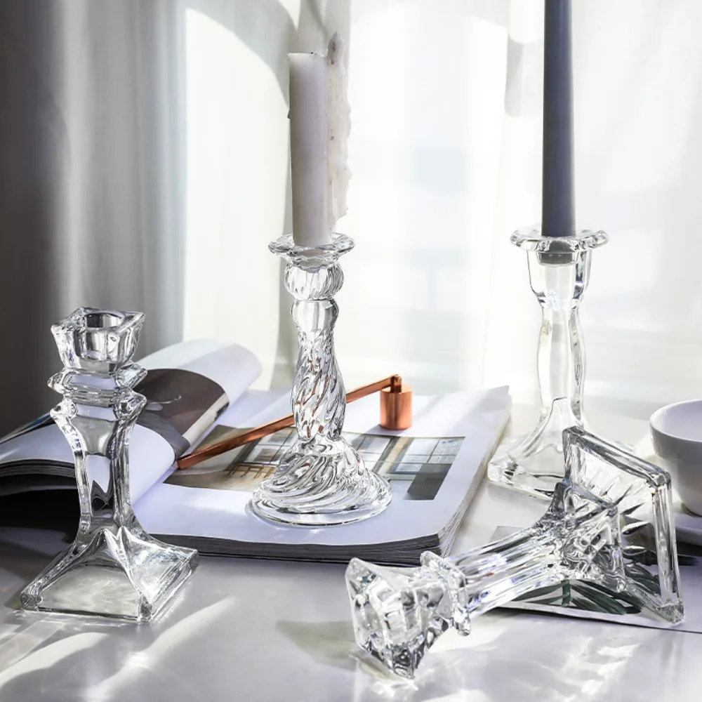 Vintage Clear Crystal Glass Candlestick Valentine\'s Day Romantic Candlelight Dinner Shooting Props Home Wedding Decoration