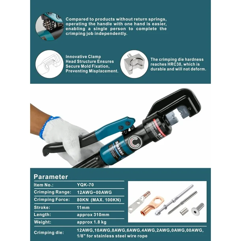 Hand Operated Hydraulic Crimping Tool Range 12 AWG-2/0 AWG for Cable Lugs Hydraulic Crimping Crimper Wire Terminal Lug Tool