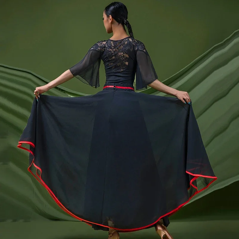 Nouveaux Costumes de danse de salle de bal valse maille noire haut Latin jupe longue femmes costumes de danse moderne vêtements de Performance sur scène SL10393