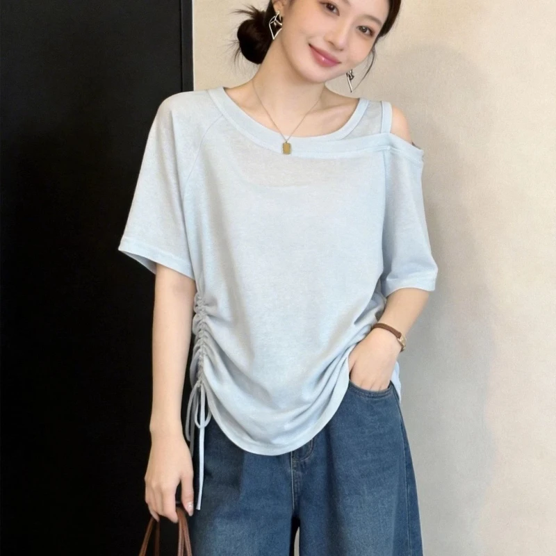 Relaxed Fit Women's Short Sleeve T-Shirt With Side Lace-Up Detail Casual Summer Top For Office Wear