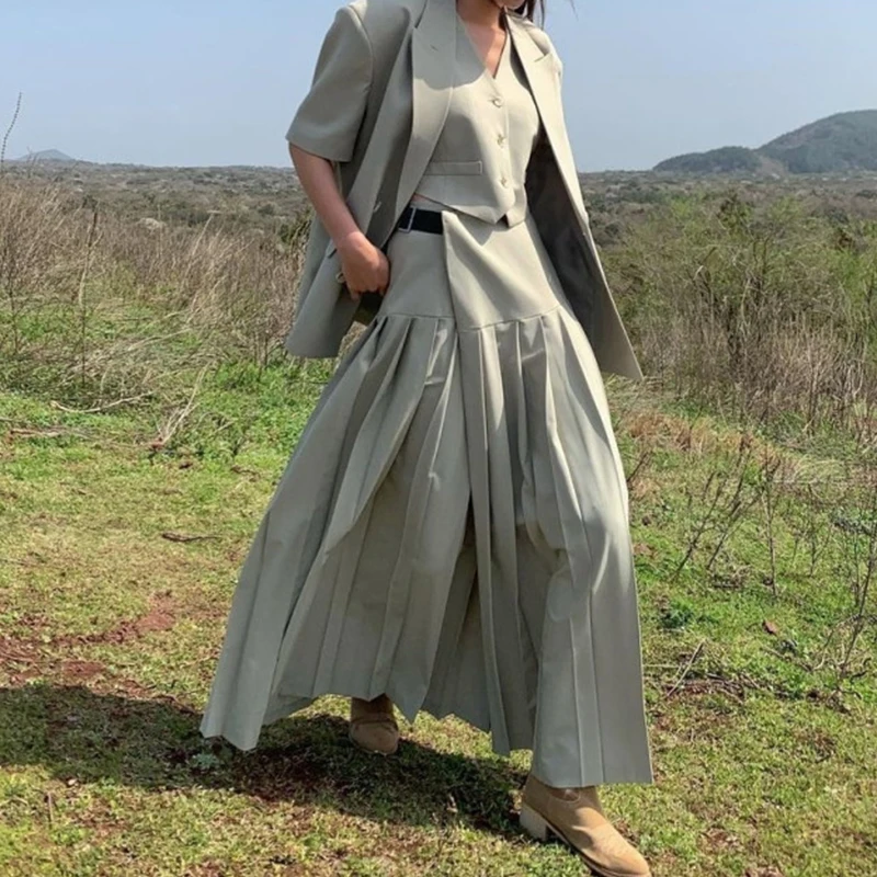 

Корейский шикарный ретро V-Ne ort костюм, жилет, костюм на двойных пуговицах, дэт, плиссированная юбка с высокой талией, женский модный комплект