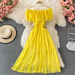 Yellow Solid Women's Beach Dress For Girls Summer Sexy Off Shoulder Sundress Boho Vintage Chiffon Pleated Puff Sleeve Dresses