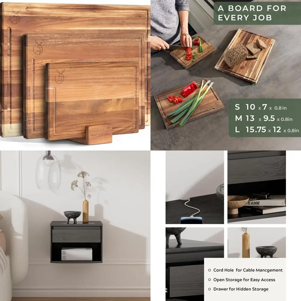 

Acacia Wood Cutting Board Set - 15.75 x 12/13 x 9.5/10 x 7 inches, Thick Kitchen Boards, 0.8 inch Solid Wood, Durable for Cookin