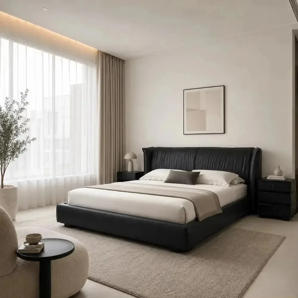 Modern Luxury Minimalist Bedroom Bed Black Tufted Leather Platform Bed Durable Spliced Headboard Stable Integrated Bed Frame