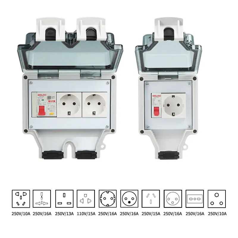 Outdoor waterproof socket 86 type waterproof box with leakage protection switch EU US UK plug outdoor IP66 splashproof socket