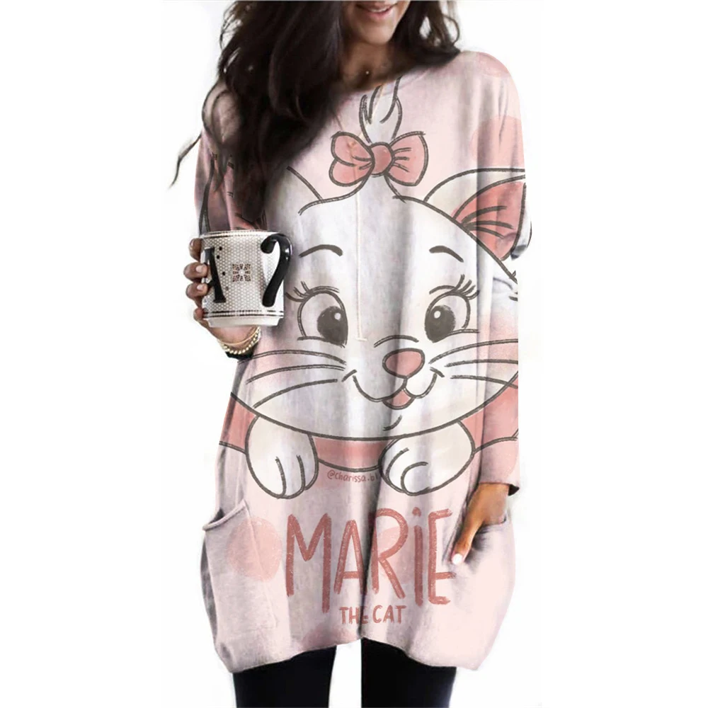 Disney Mary Cat printed women's T-shirt long sleeved Snow White printed street women's T-shirt s-3XL plus size casual women's to