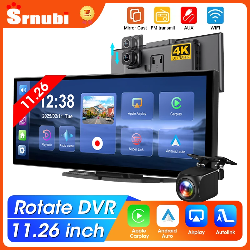 

11,26-дюймовый экран CarPlay для автомобиля, 4K DVR, мультимедийный проигрыватель, беспроводной CarPlay и Android Auto, FM, WiFi, Bluetooth, стерео