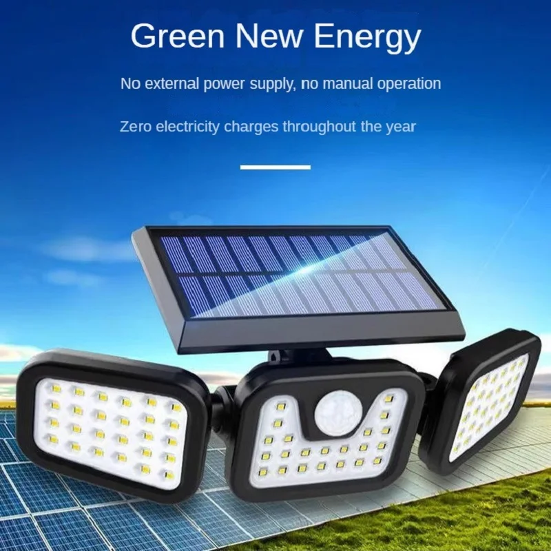 Solar safety light, 3 head adjustable wide lighting Angle waterproof courtyard, garage, garden motion detection floodlight