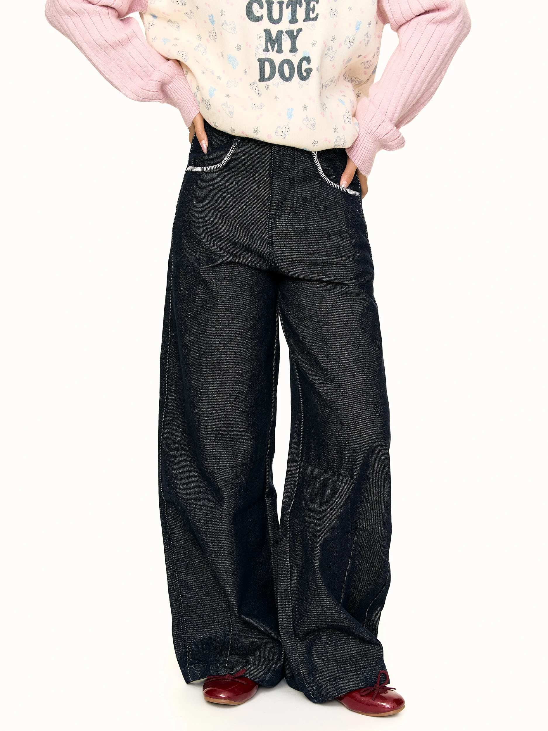 Blackbb American Retro Pleated Drape Loose Straight Cut Original Color Women's Jeans Hand Sewn Line Knife Pants Cotton Blend