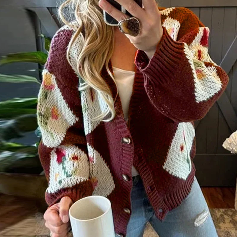 2025 우아한 V넥 루즈핏 니트 가디건 패션 자카드 배색 아우터 캐주얼 긴팔 스웨터 코트 (여성용)