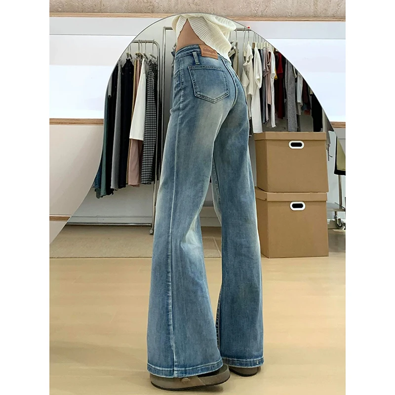 Dames jeans met lage taille Y2K gewassen broek slim fit licht flare Amerikaans