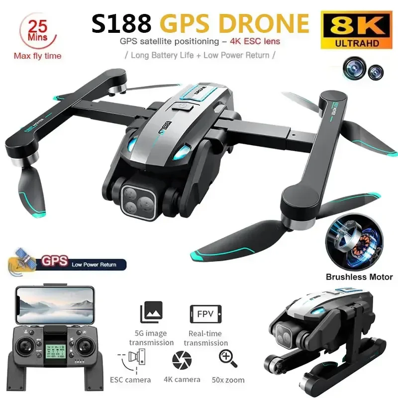 S188 GPS Drone 8K Professional HD Dual Camera 5G Wifi Obstacle Avoidance Brushless Foldable Quadcopter RC Distance 2KM Dron Toys