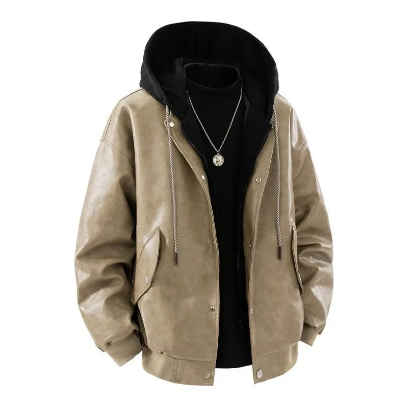 

Two Hooded Leather Jackets Vintage Short Multi-pocket Men's Vintage Design Motorcycle Jacket for The Autumn Vacation Outerwear