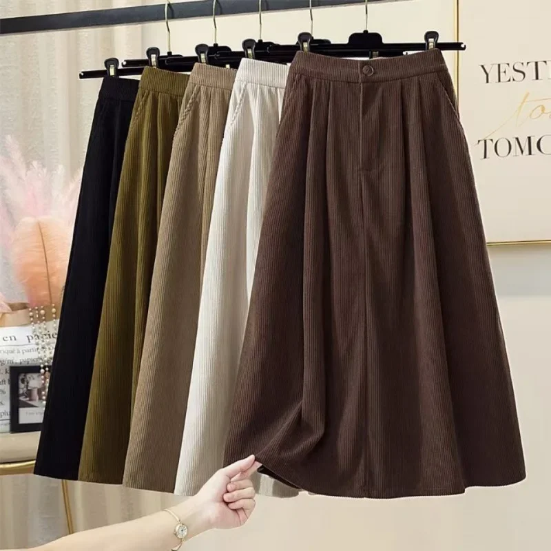 

Hot Corduroy Midi Skirt for Women Autumn Winter Korean Elegant Solid A Line Elastic High Waist Long Skirt Female Velvet