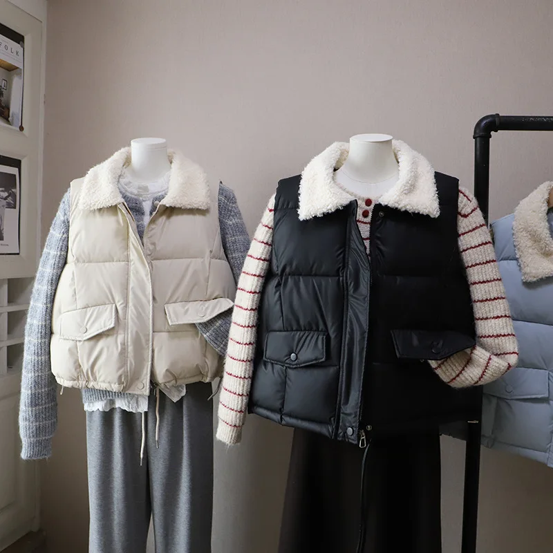 

Зимняя мода, жилет из овечьей шерсти с воротником с лацканами, женский однотонный универсальный хлопковый жилет, корейская повседневная куртка без рукавов