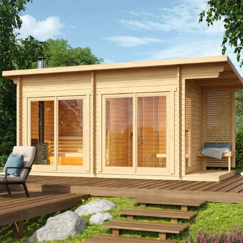 Luxury wooden sauna with panoramic glass doors and outdoor spa chimney