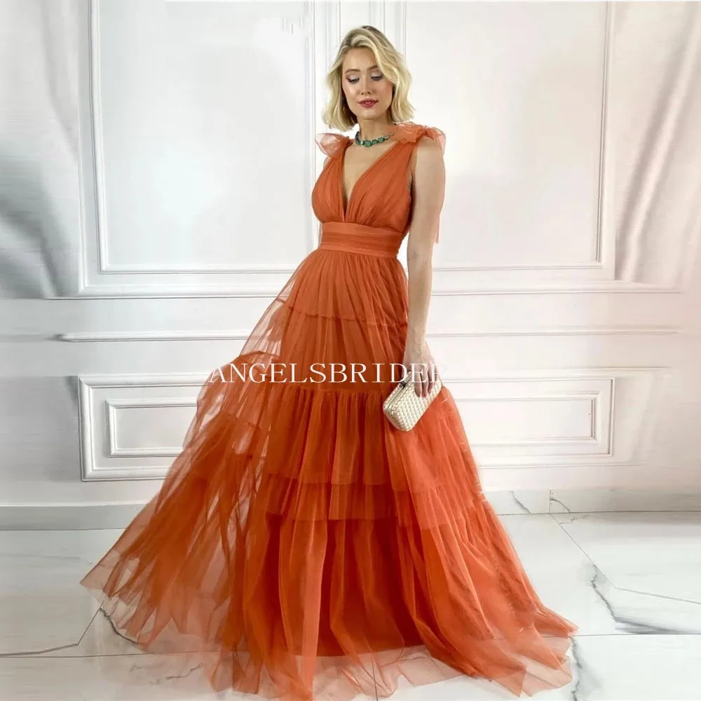 

Angelsbridep A Line Orange Prom Dresses V Neck Ruffled Tiered Skirt Back Lace-up Evening Gowns Robes De Soirée Evening Dresses