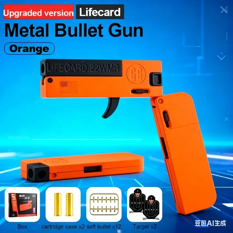 1 pçs cartão de vida liga arma de brinquedo-pistola de bala macia dobrável para meninos, nova chegada arma de cartão de metal das crianças com balas macias seguras