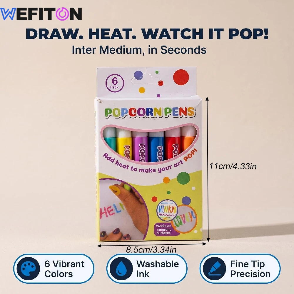 6PCS Popcorn 3D Puffy Art Pens – Safe Bubble Drawing Kit for Kids, 6 Colors DIY Fluffy Ink Expands with Heat for Cards & School