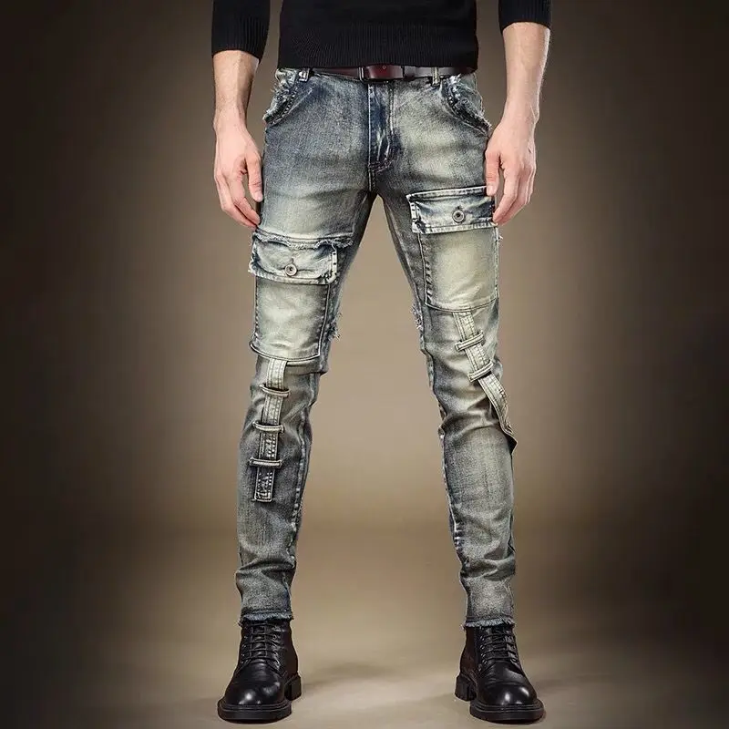 Light Luxury Men’s Slim-fit Stretch Denim Pants,Patchwork Decors Multi-Pockets Cargo Jeans,Moto&Biker Retro Blue Jeans Pants;