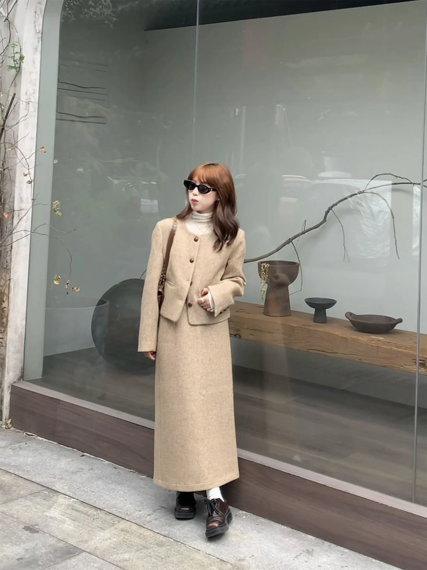 

Elegant Autumn Winter Women's Fashion Set with Short Woolen Coat And Skirt Two-Piece Ensemble Warm Long Sleeve Button up