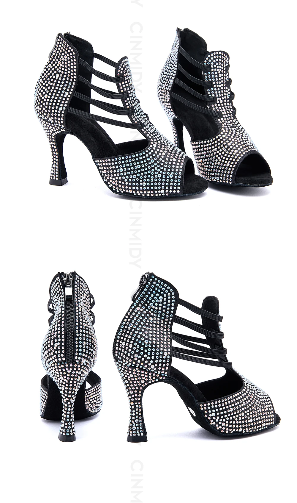 CINMIDY Schwarze Latein-Tanzschuhe für Damen, Salsa-Tanzschuhe mit Strass, Weiche Sohle, Ballsaal-Tanzsandalen, Party-High-Heels – Detail 13