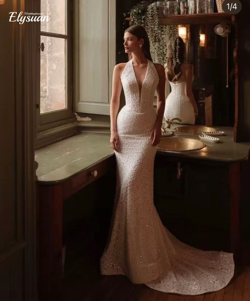 

Изысканные свадебные платья-русалки из кружева с жемчугом на заказ, сексуальные платья с открытой спиной и бретелями-халтер, сказочные платья цвета слоновой кости для невесты