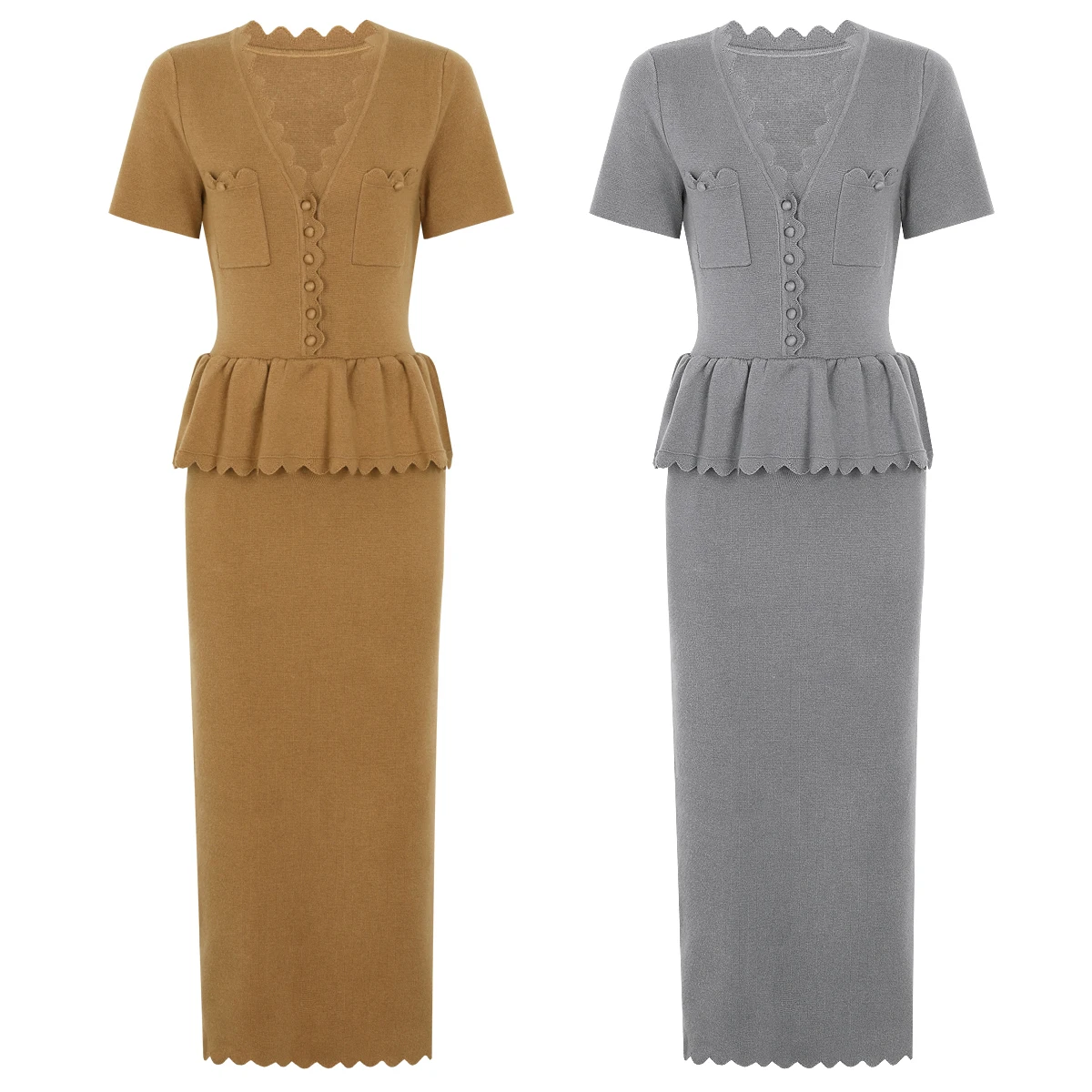 26134 Zweifarbiges Hochwertiges Sommer-Neuheit Elastisches Gestricktes V-Ausschnitt Rüschenrand Figurbetontes Kurzärmeliges Langes Damenkleid