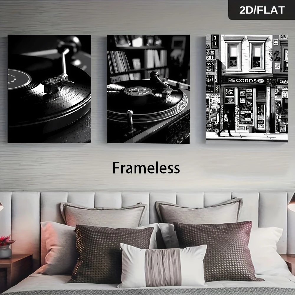 1 set of modern vinyl records, triple layered living room, retro music theme, simple art, frameless decorative painting, 2D plan