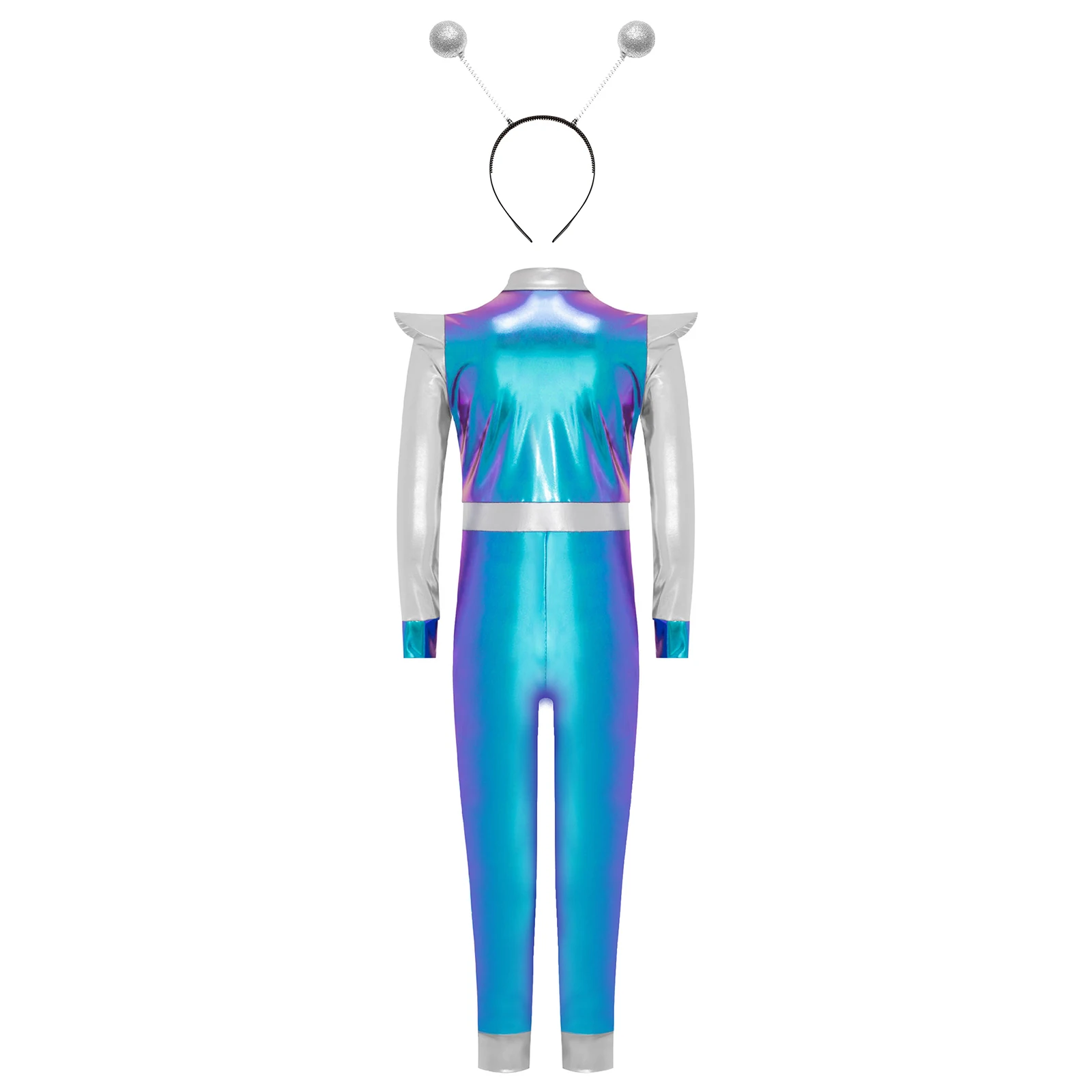 Girls Alien Robot Cosplay Costume Halloween Outer Space Theme Party Jumpsuit Long Sleeves Shiny Metallic Bodysuit with Hair Hoop
